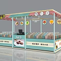Colorful Mall Candy Pastry Kiosk With Display Shelves Signs And Sweet Treats