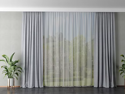 Gray Sheer And Heavy Curtains In Living Room With Green Garden View And Potted Plants 3d model