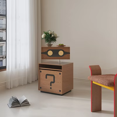 Minimalist Two Tier Wooden Side Table With Circular Accents Question Mark Design And Fruits 3d model