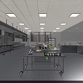 Commercial Kitchen Neat Layout With Stainless Steel Worktable Trolley White Tiled Walls And Recessed Lights