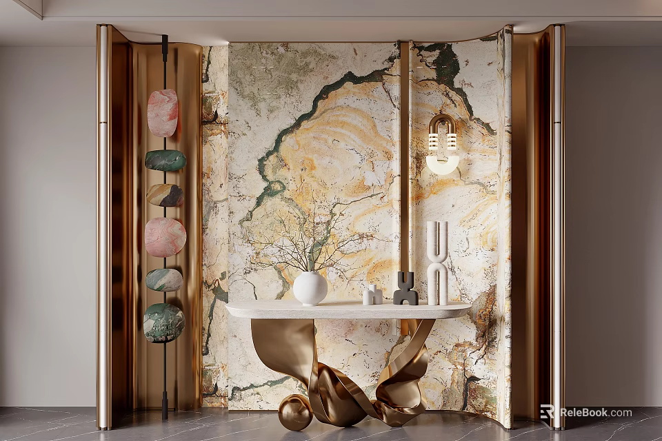 Luxurious Entryway Design With Marble Wall Gold Frame And White Console Table 3d model 