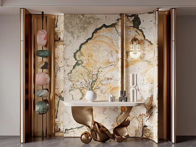 Luxurious Entryway Design With Marble Wall Gold Frame And White Console Table 3d model