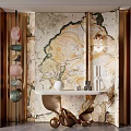 Luxurious Entryway Design With Marble Wall Gold Frame And White Console Table
