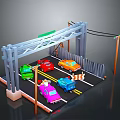 Modern Traffic Scene With Colorful Cars On Road And Metal Bridge Structure