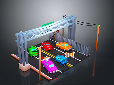 Modern Traffic Scene With Colorful Cars On Road And Metal Bridge Structure 3d model
