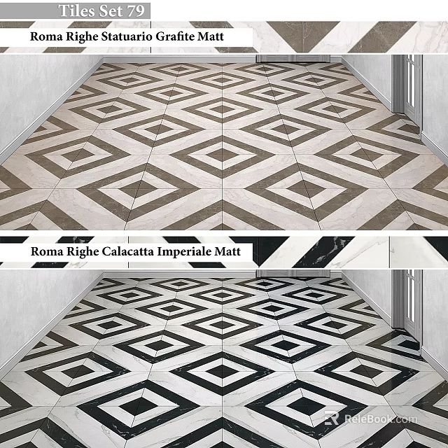 Roma Right Calacatta Imperiale Matt Floor Tiles With Black And White Diamond Pattern 3d model 