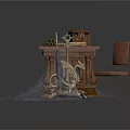 Vintage Medieval Building Interior With Antique Wooden Desk Scrolls And Cobweb Candlestick