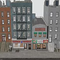 Urban Multi Story Apartment Buildings Street View With Colorful Facades Storefronts Staircases And Fire Escapes