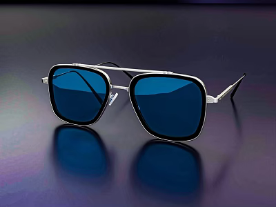 Stylish Square Sunglasses With Blue Lenses And Metal Frame For Daily Use 3d model