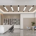 Modern Spacious Sales Office Interior With Reception Desk Display Screens And Ceiling Light Strips