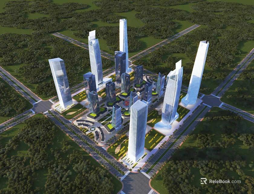 Aerial Planning of Modern Urban Skyscrapers Green Spaces and Road Networks Layout 3d model 