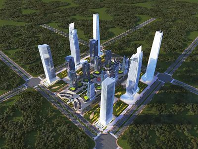 Aerial Planning of Modern Urban Skyscrapers Green Spaces and Road Networks Layout 3d model