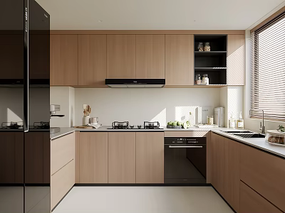Modern Kitchen Interior With Wooden Cabinets Black Appliances Range Hood And Countertop 3d model