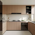 Modern Kitchen Interior With Wooden Cabinets Black Appliances Range Hood And Countertop
