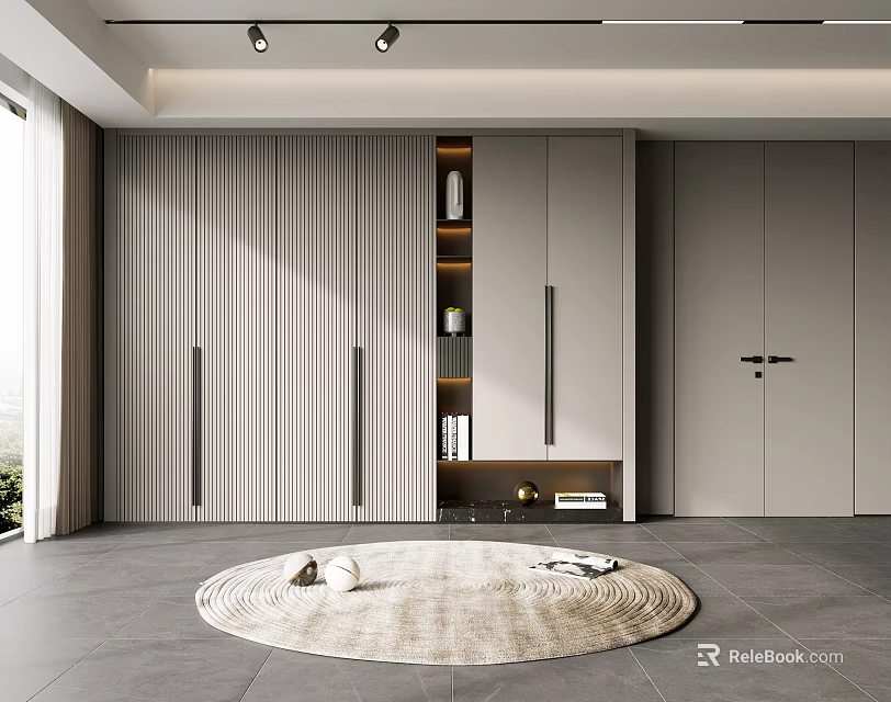 Modern Entryway Hallway Design With Vertical Slat Wall Panels Cabinetry And Round Woven Rug 3d model 