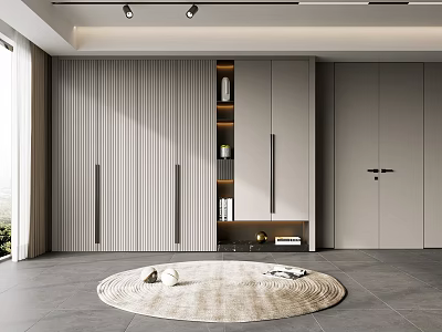 Modern Entryway Hallway Design With Vertical Slat Wall Panels Cabinetry And Round Woven Rug 3d model
