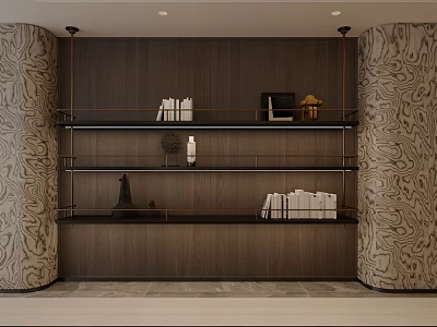 Modern Wall Mounted Shelving Unit with Metal Frame Books Decorative Items on Wooden Backdrop 3d model