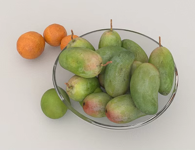 Fresh Ripe Mangoes and Oranges in Glass Bowl with Fruit 3d model
