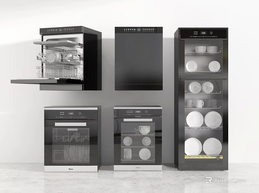 Modern Built in Kitchen Appliances With Black Design And Dish Storage Cabinets 3d model 