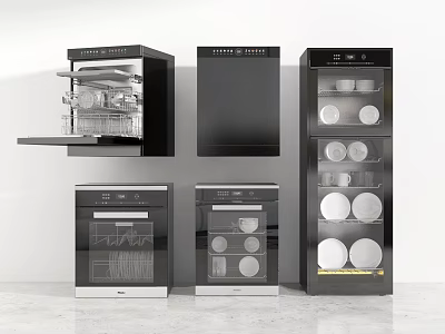Modern Built in Kitchen Appliances With Black Design And Dish Storage Cabinets 3d model