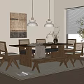 Quiet Chinese and Ancient Style Dining Table and Chair Combination Solid Wood Dining Table and Chair Multi-person Dining Table and Chair Quiet Dining Table Chandelier Bench Hanging Painting Dining Table Ornaments 3d model