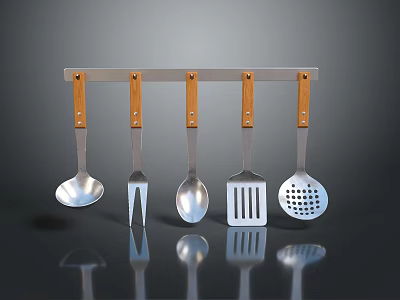 Metal Weapons With Wooden Handles Hanging On Wall Mounted Rack 3d model
