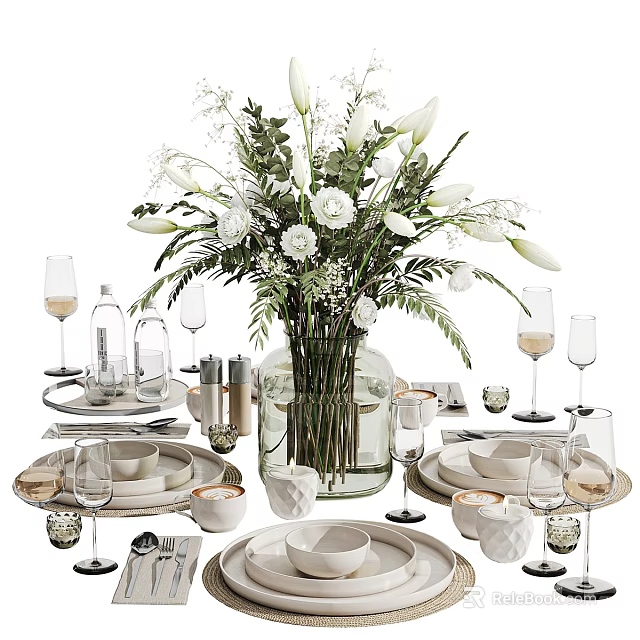 Elegant Tableware Set With White Flower Vase Wine Glasses Plates Cups And Dinnerware 3d model