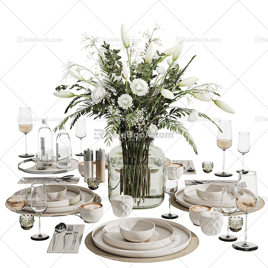 Table Ornaments Tableware Table Vase Ornaments Flowers Dinner Plate Glass 3d model