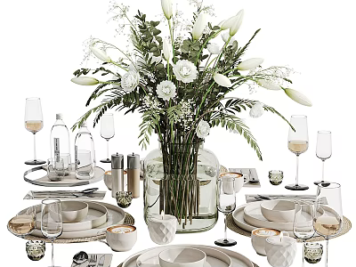 Elegant Tableware Set With White Flower Vase Wine Glasses Plates Cups And Dinnerware 3d model