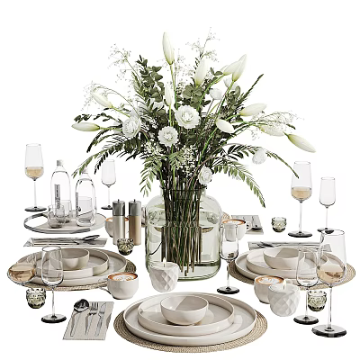 Elegant Tableware Set With White Flower Vase Wine Glasses Plates Cups And Dinnerware 3d model