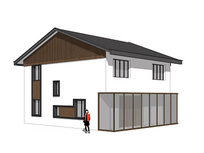 Modern House Exterior Design With White Walls Black Roof Wooden Accents And Glass Extension 3d model