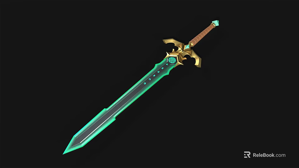 Fantasy Sword With Green Blade Golden Hilt And Emerald Gemstone Decoration 3d model 