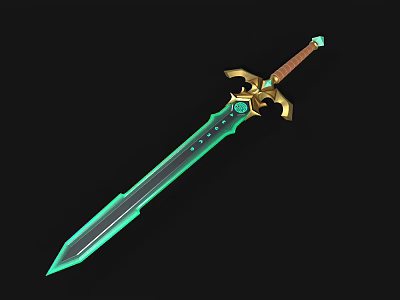 Fantasy Sword With Green Blade Golden Hilt And Emerald Gemstone Decoration 3d model