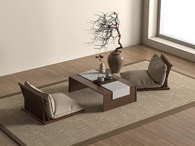 Tatami Tea Table and Chair Tatami Tea Table and Chair Japanese Style Tea Table Chandelier Dried Branches Flower Art Hanging Painting 3d model