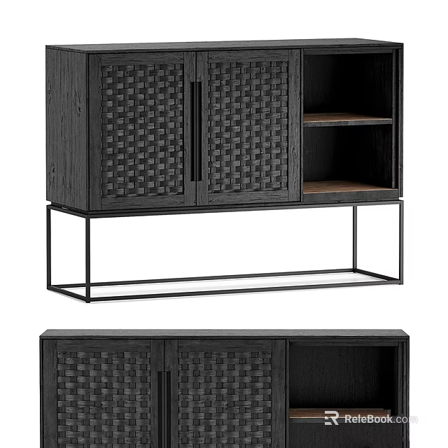 Modern Cabinet Furniture With Woven Doors Black Finish And Metal Frame Open Shelf 3d model 