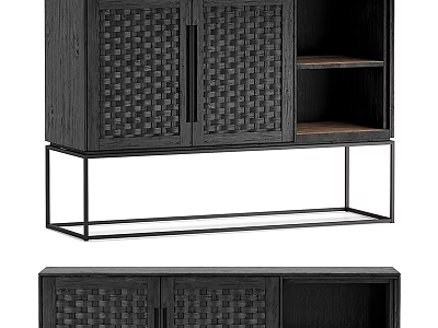 Modern Cabinet Furniture With Woven Doors Black Finish And Metal Frame Open Shelf 3d model