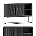 Modern Cabinet Furniture With Woven Doors Black Finish And Metal Frame Open Shelf