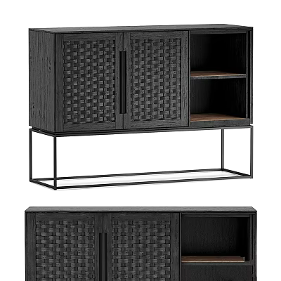 Modern Cabinet Furniture With Woven Doors Black Finish And Metal Frame Open Shelf 3d model