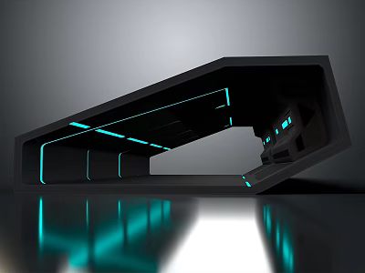 Cartoon Futuristic Scene With Black Geometric Structure And Glowing Blue Green Lights 3d model