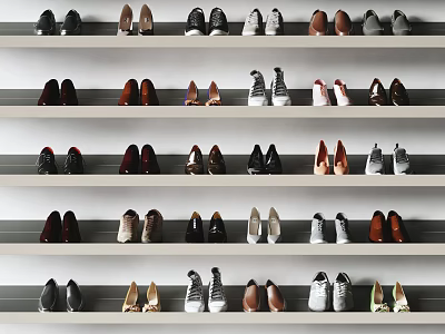 Different Types of Shoes Neatly Arranged on Multiple White Shelves 3d model