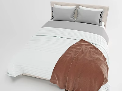 Light Wood Headboard Double Bed With Gray Pillows White Striped Sheet And Brown Blanket 3d model