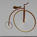 Red Vintage Bicycle With Large Front Wheel Small Rear Wheel And Brown Seat