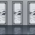 Three Panel Hinged Doors With Metal Frame And Mountain Landscape Painting In Modern Chinese Design