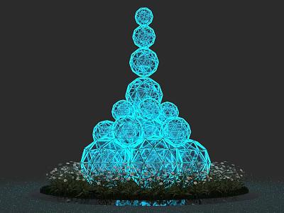Glowing Blue Spheres Stacked In Pyramid Shape With Grass Base Art Installation 3d model