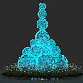 Glowing Blue Spheres Stacked In Pyramid Shape With Grass Base Art Installation