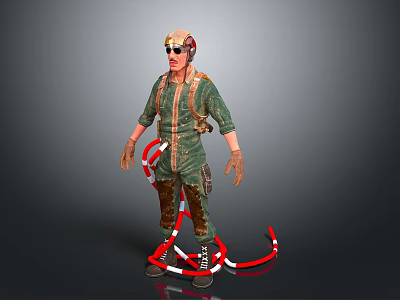 Helicopter Pilot in Green Flight Suit With Goggles Helmet and Red White Ropes 3d model