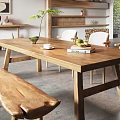 Rustic Restaurant Interior With Wooden Dining Table White Chairs Open Kitchen And Green Plants