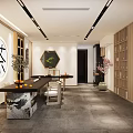 Traditional Teahouse Interior With Wooden Shelves Tea Table Stools Green Plant And Calligraphy Art