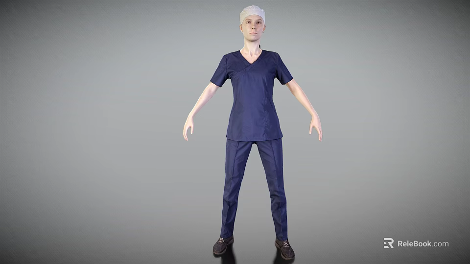 Woman in Dark Blue V Neck Scrub Uniform with Short Sleeves and Long Pants Standing 3d model 