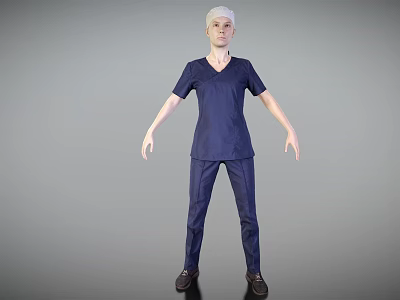 Woman in Dark Blue V Neck Scrub Uniform with Short Sleeves and Long Pants Standing 3d model